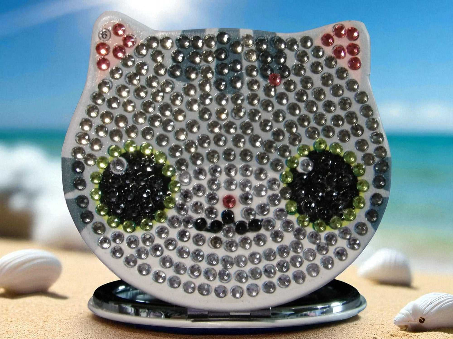 Silver cat face pocket mirror with rhinestone decoration and dual-sided magnification and regular mirror