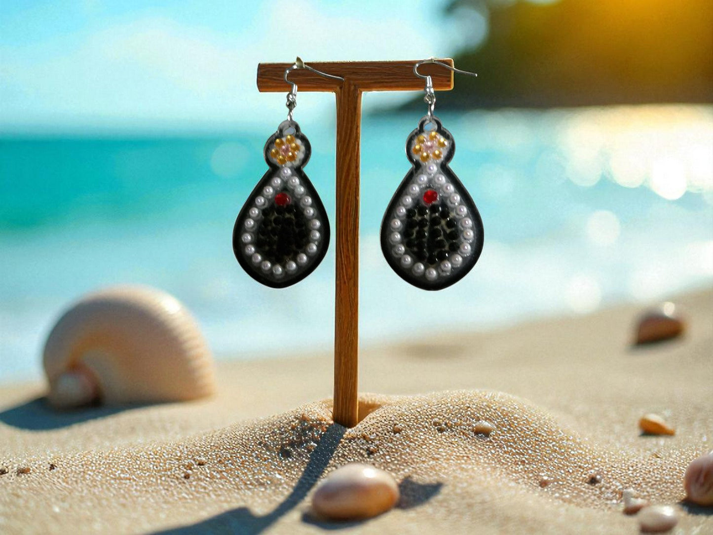 White Pearl & Black Earrings