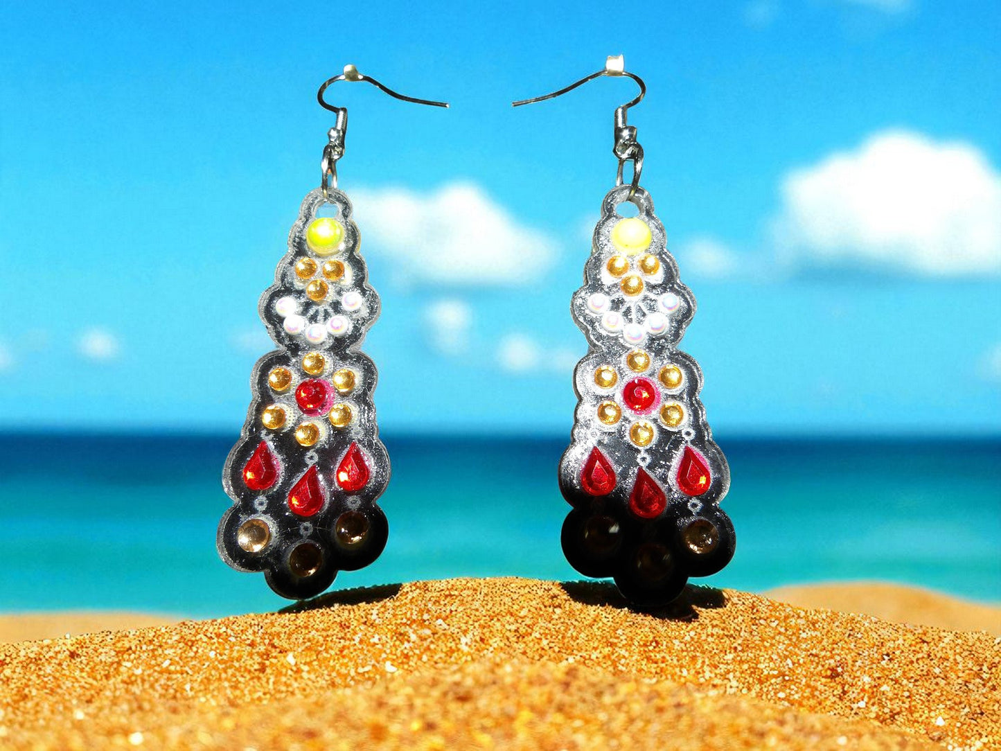 Yellow & White Pearl Gold & Red Earrings