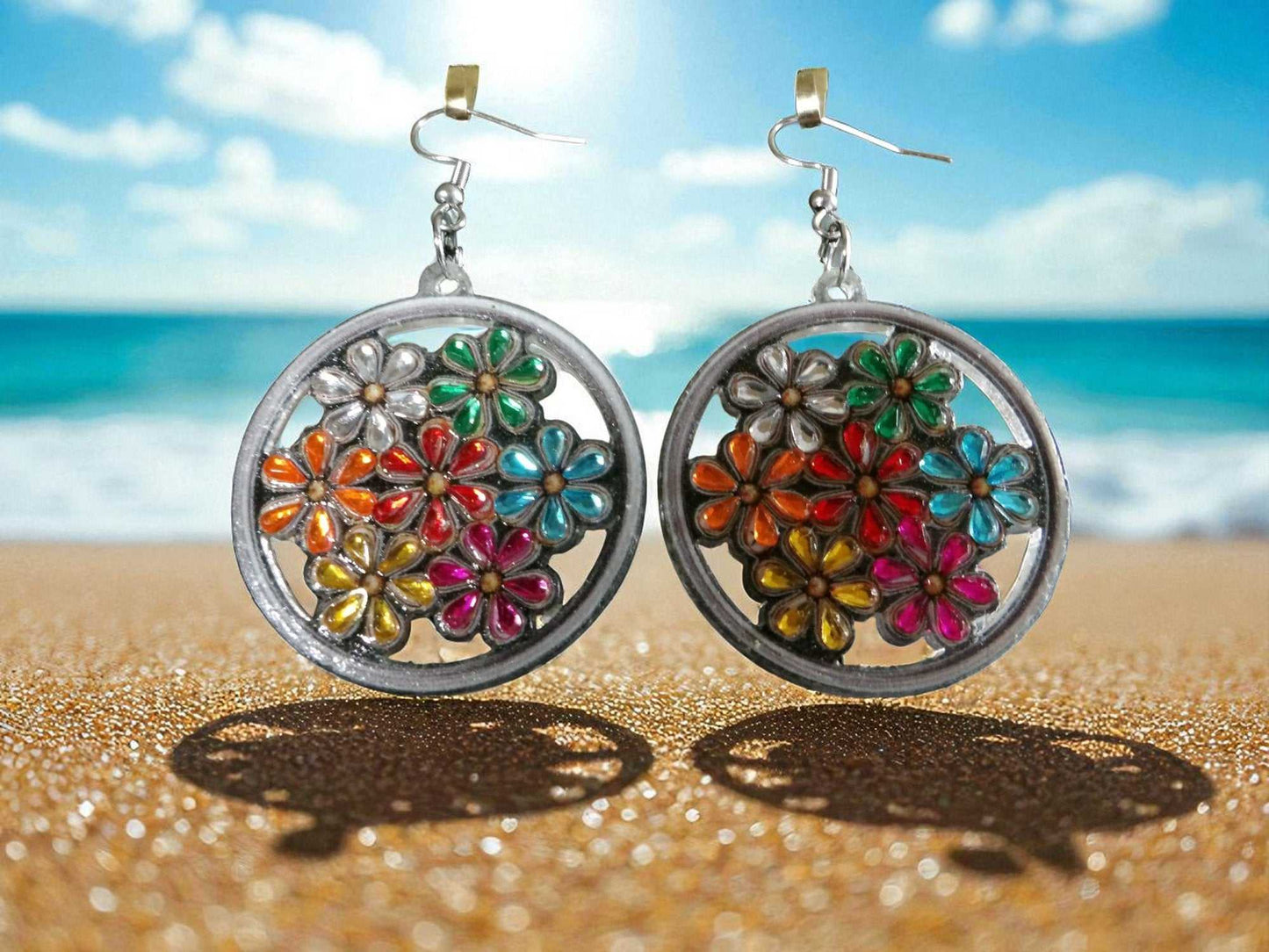 Colorful Flowers Earrings handmade vibrant floral round dangle earrings on beach background
