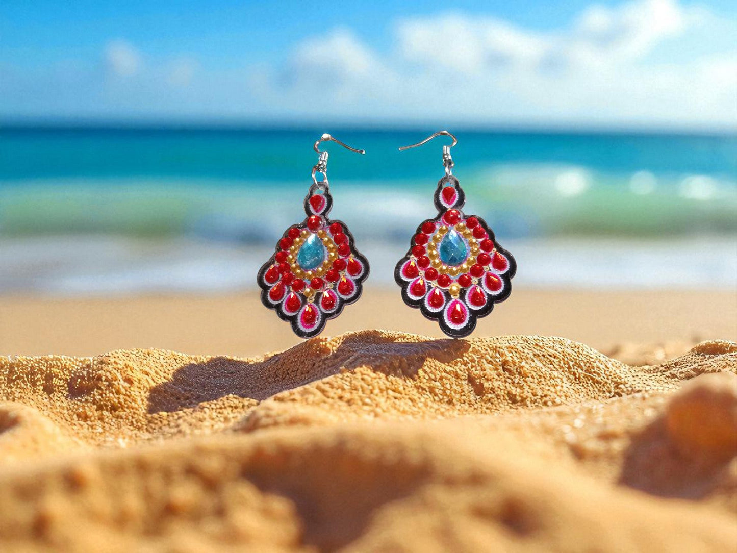 Red w/Blue Crystal Earrings