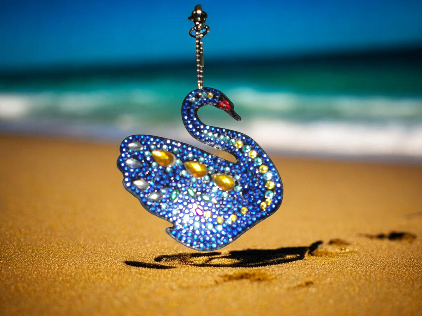 Dark Blue Yellow Gem Swan Keychain