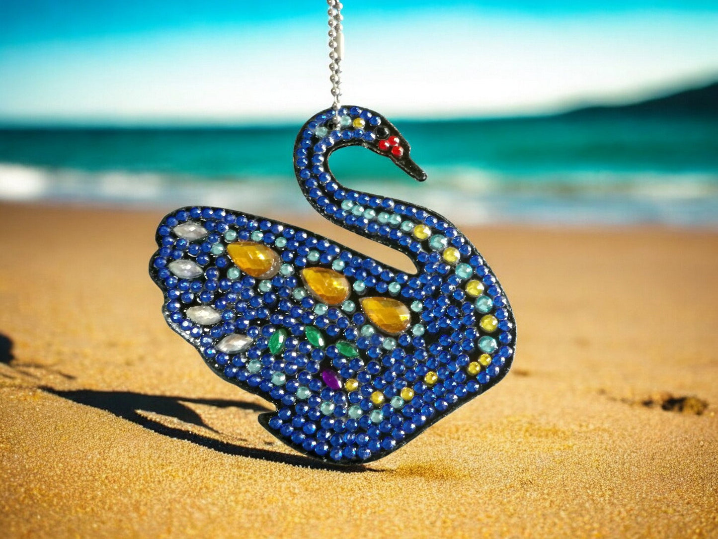 Dark Blue Yellow Gem Swan Keychain