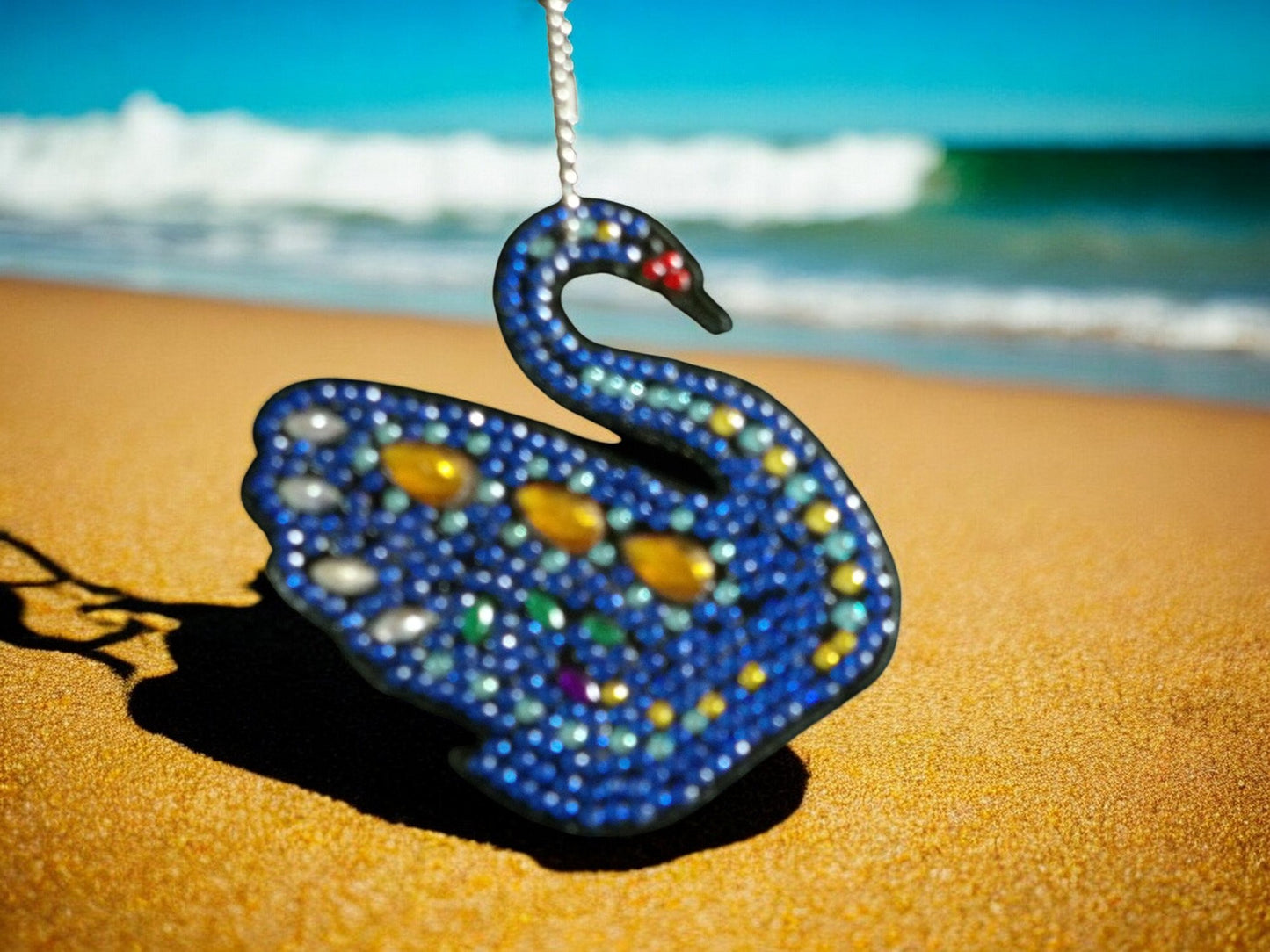 Dark Blue Yellow Gem Swan Keychain