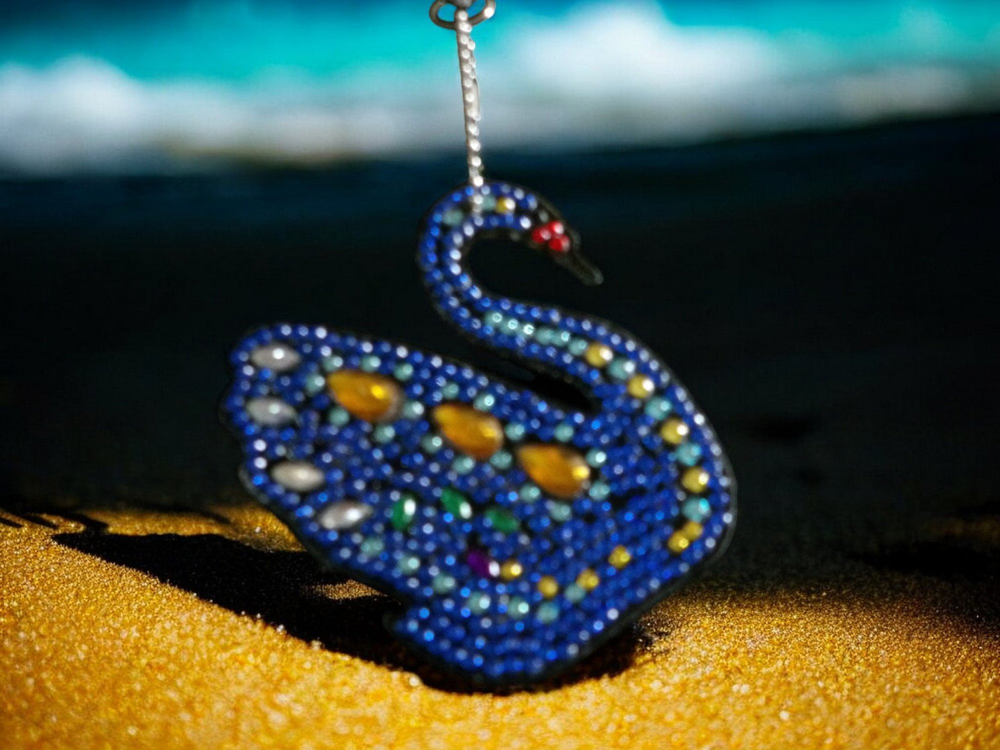 Dark Blue Yellow Gem Swan Keychain
