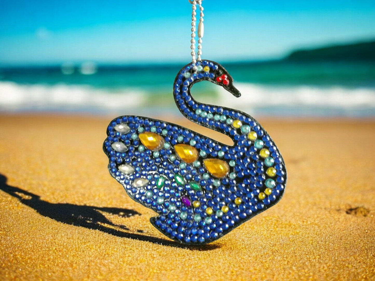 Dark Blue Yellow Gem Swan Keychain