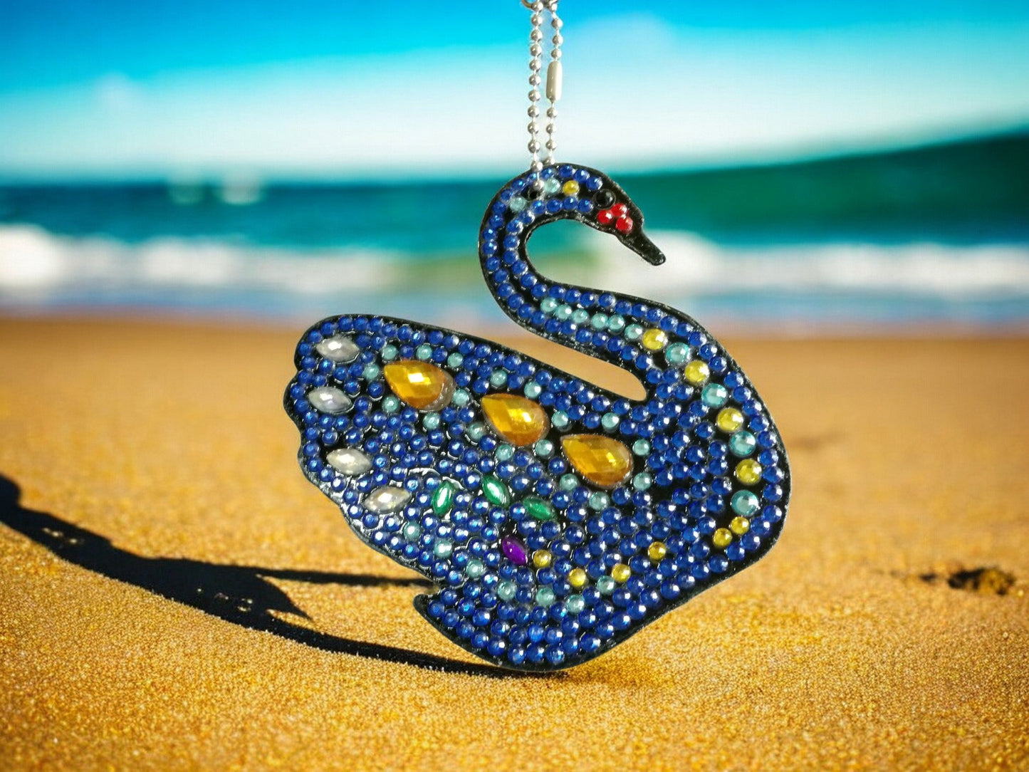 Dark Blue Yellow Gem Swan Keychain