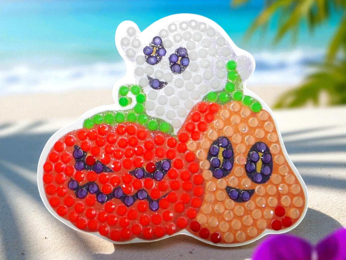 Glow in the dark Halloween family magnet with ghost and pumpkins design