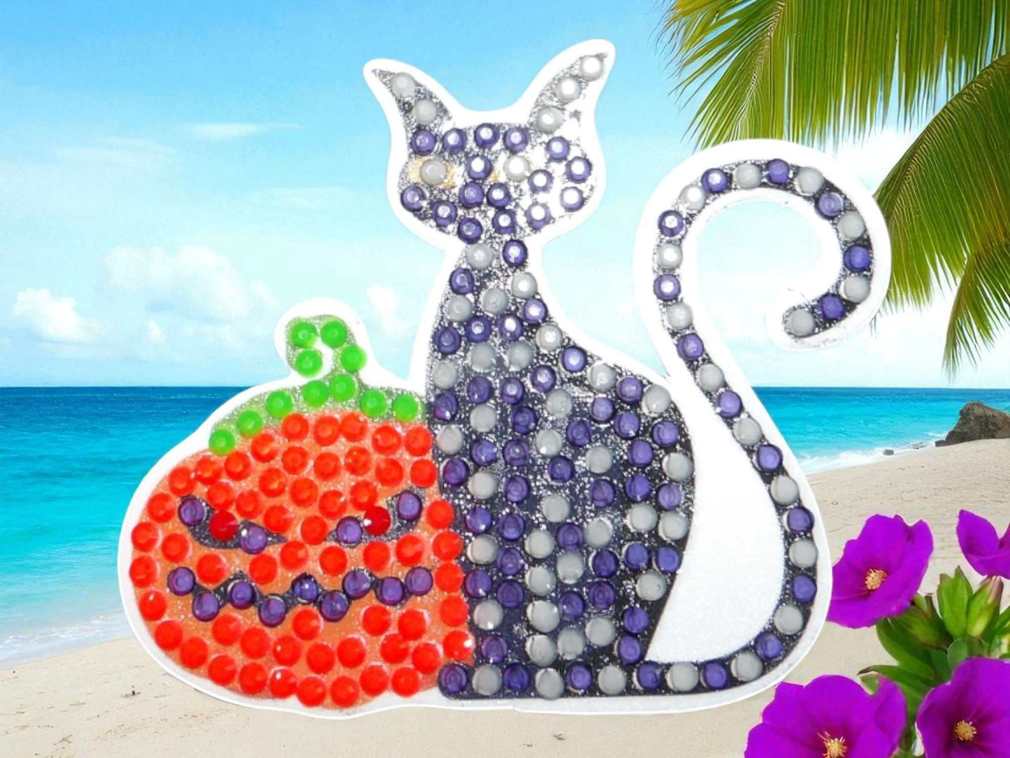 Glow in the dark black cat and pumpkin magnet on beach background