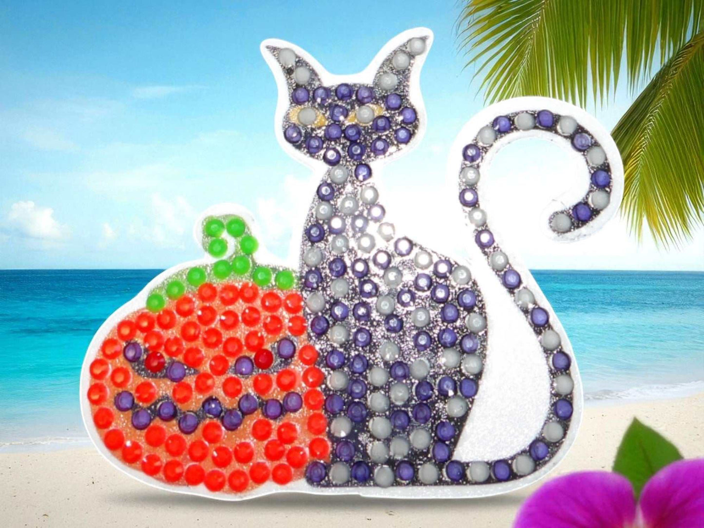 Glow in the dark black cat magnet with pumpkin design on beach background