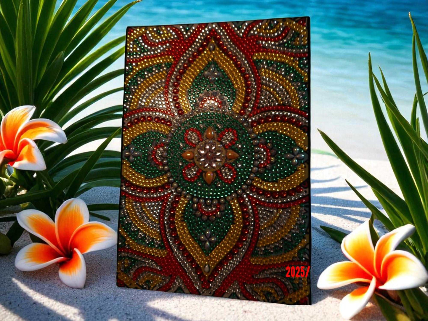Beautiful colorful dBeautiful colorful design journal with intricate beaded floral pattern on the coveresign journal with intricate mandala pattern surrounded by tropical flowers and leaves