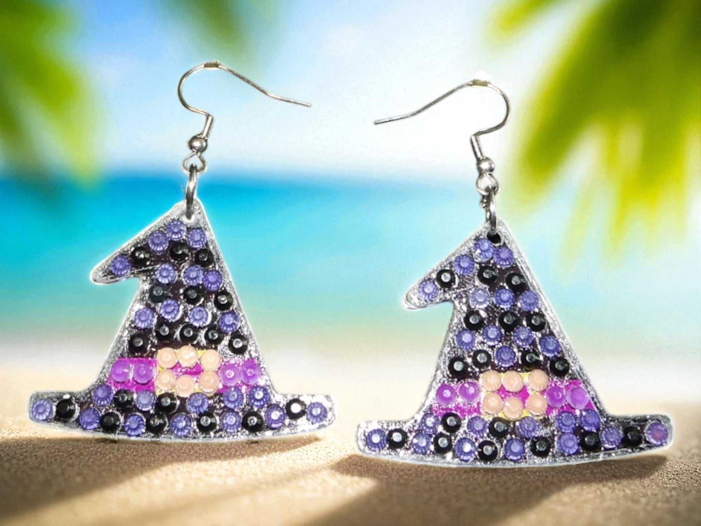Glow in the dark witch's black hat earrings with purple and black bead design