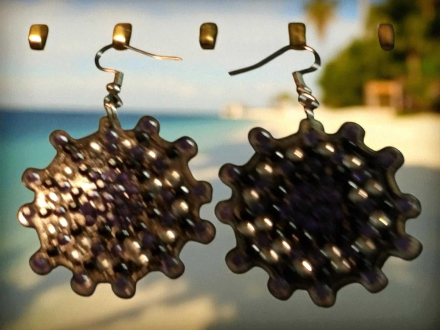 Glow In The Dark Earrings with purple and black beads handcrafted design