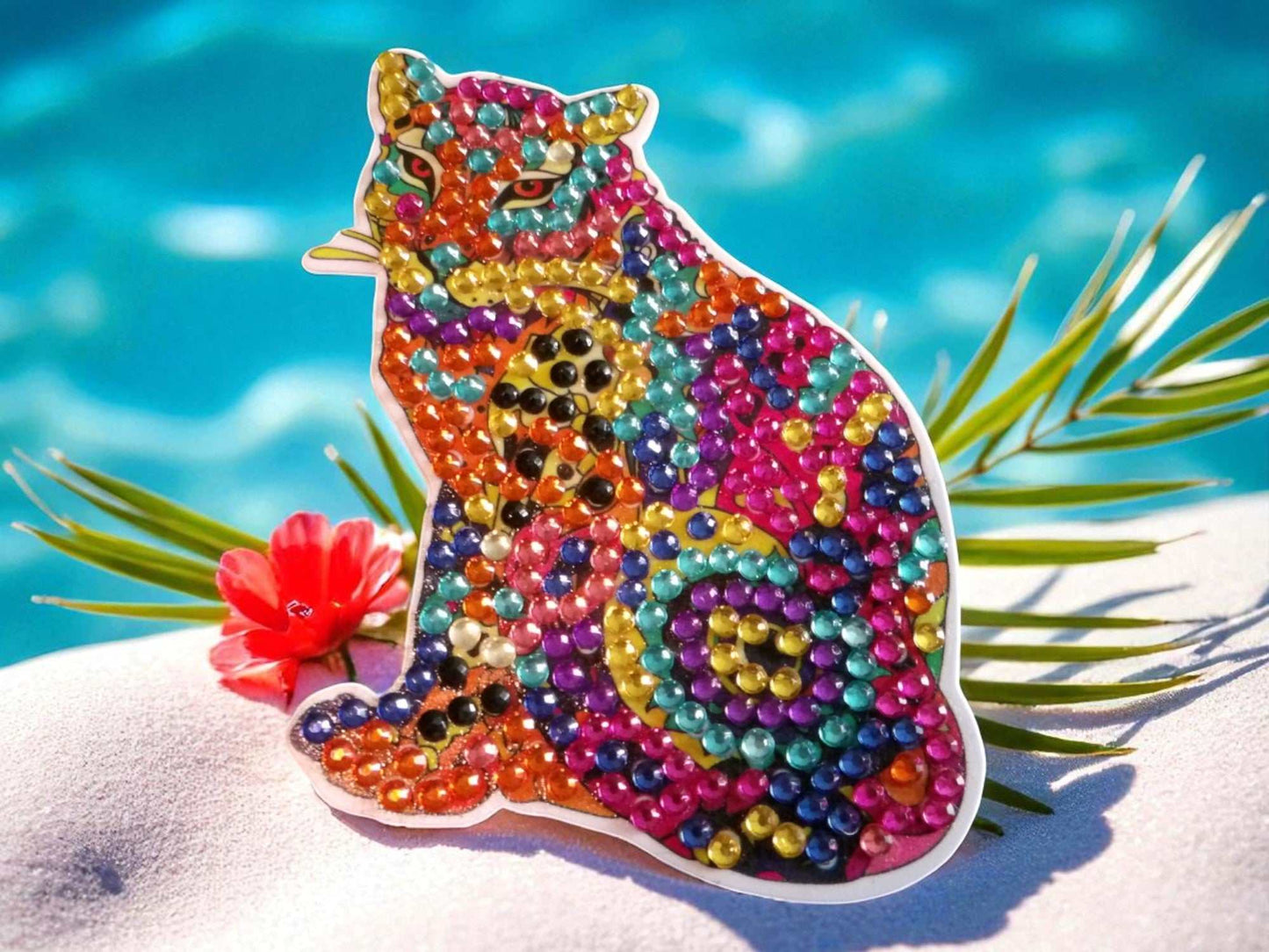 Colorful Cougar Magnet with vibrant rhinestones in bright outdoor setting
