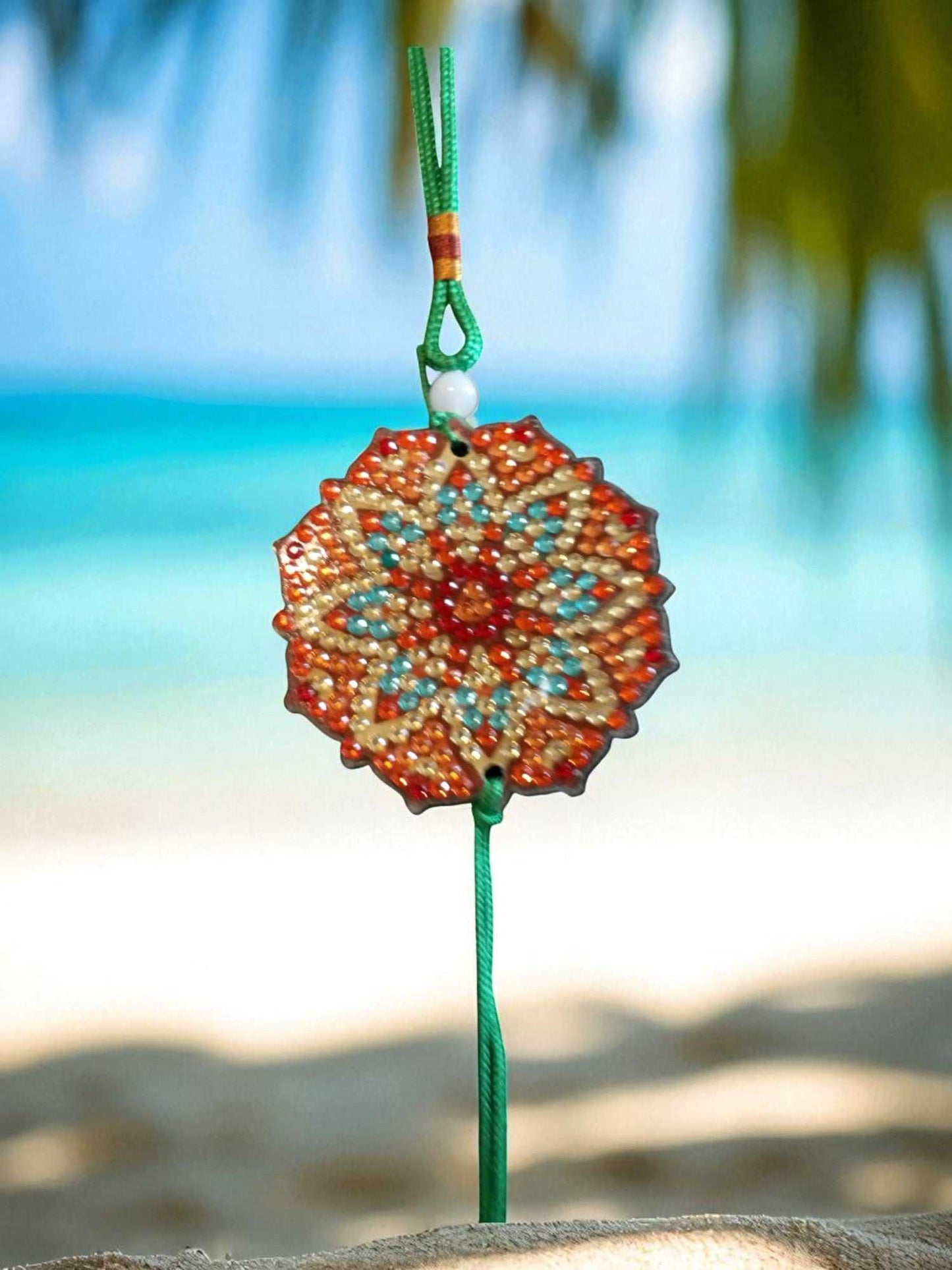Green Red Design colorful beaded car ornament hanging from rearview mirror