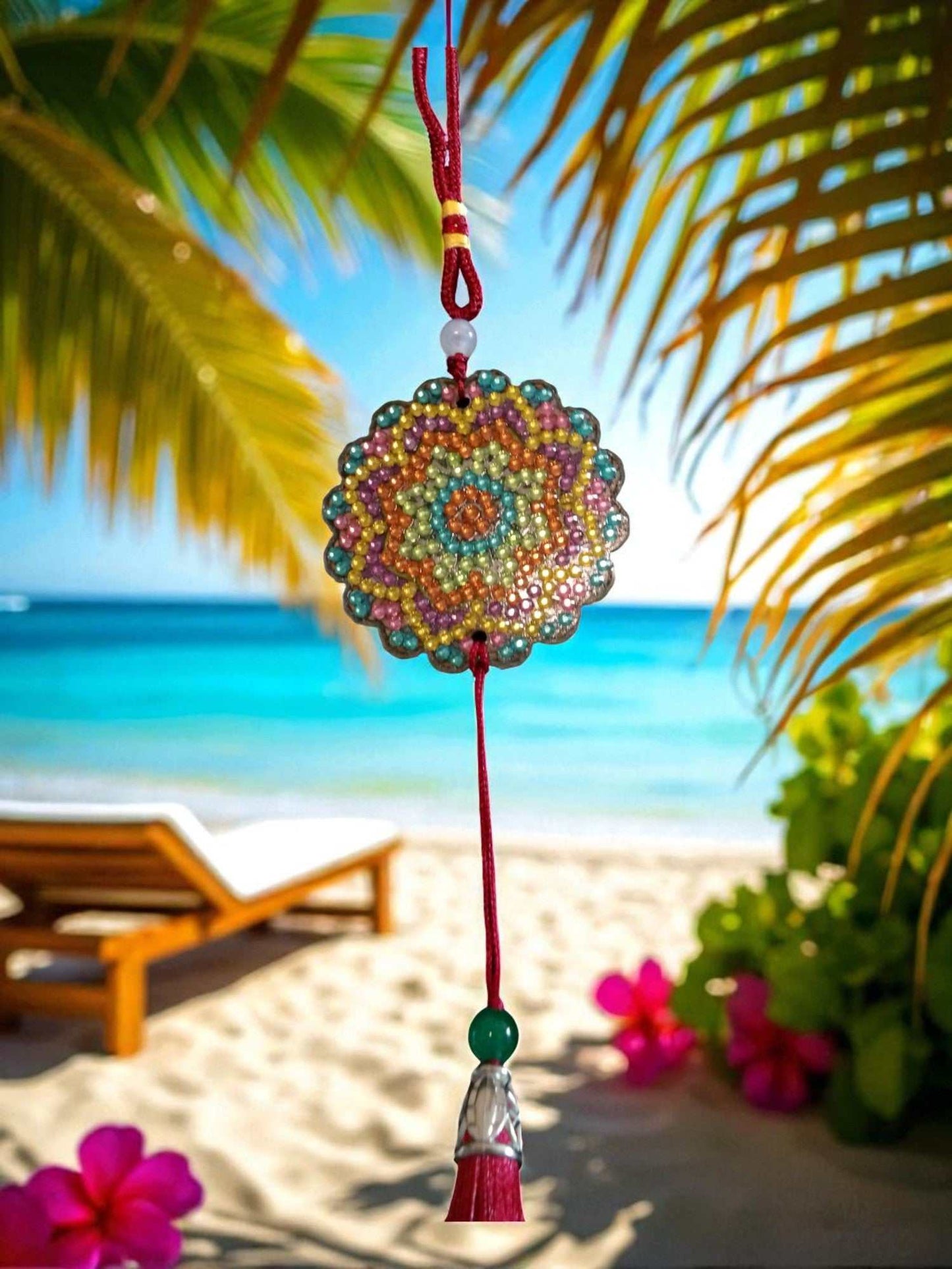 Pink Blue Yellow colorful design car ornament hanging with beach background
