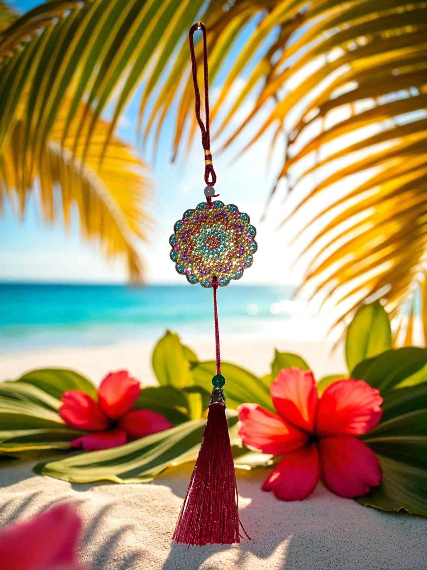 Pink Blue Yellow colorful car ornament hanging with tassel and floral design