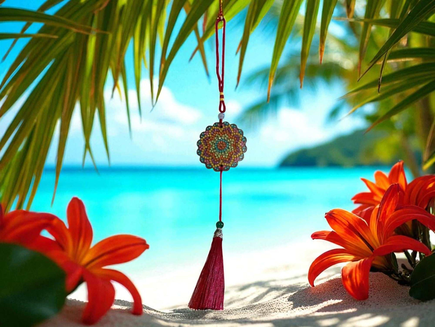 Pink Blue Yellow colorful car ornament hanging with tassel and floral design