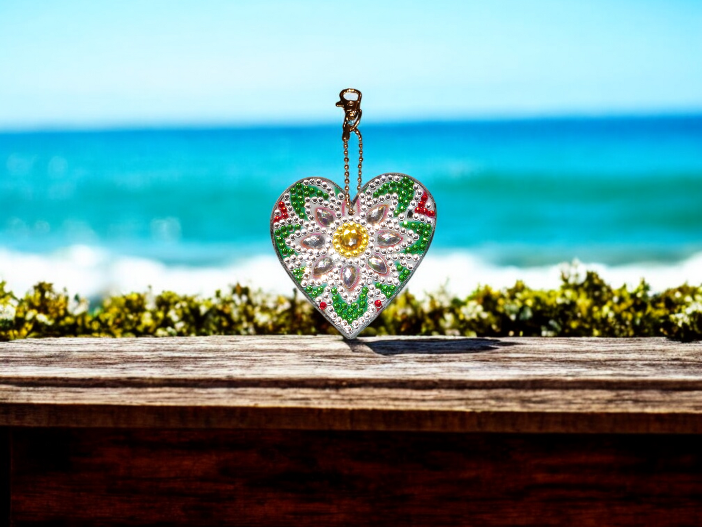 Green & White Large Heart Keychain