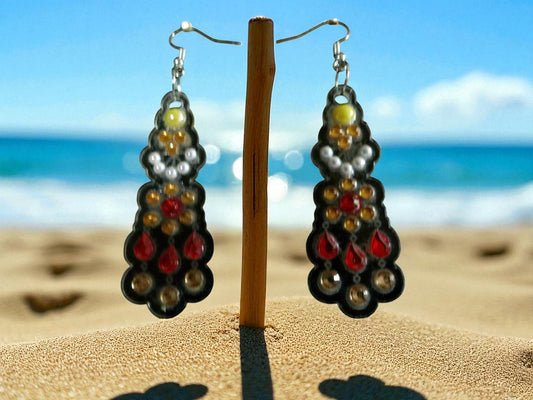 Yellow & White Pearl Gold & Red Earrings