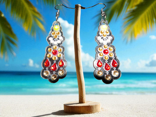Yellow & White Pearl Gold & Red Earrings