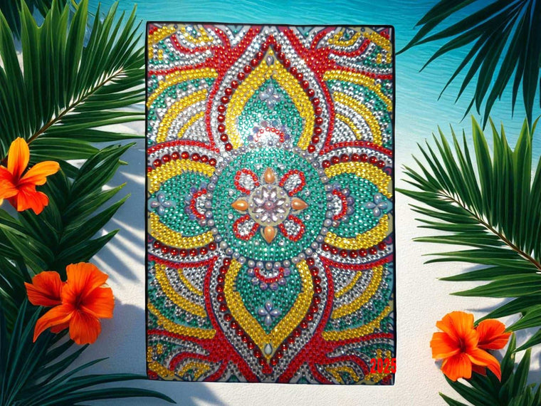 Beautiful colorful design journalBeautiful colorful design journal with intricate beaded floral pattern on the cover cover with intricate multicolor beadwork surrounded by tropical flowers and palm leaves
