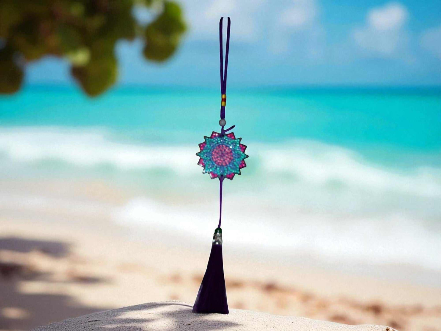 Navy blue colorful car ornament hanging with beach background car accessory