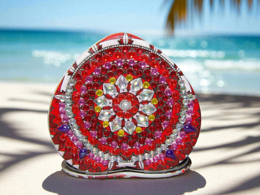 Red & Pearl Heart Shape Pocket Mirror